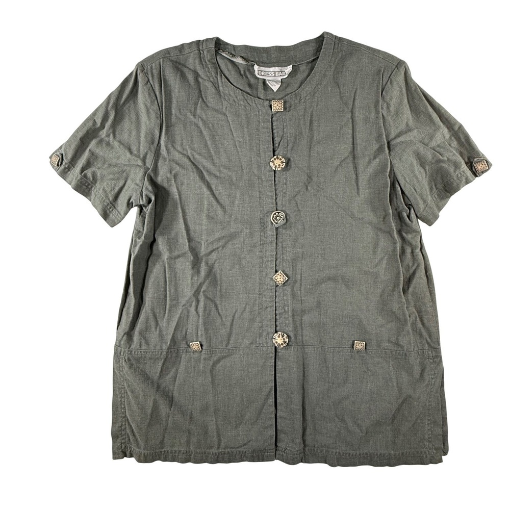 VTG Dressbarn Linen Blend Button Up Shirt Women L Green Lagenlook Artsy Boho